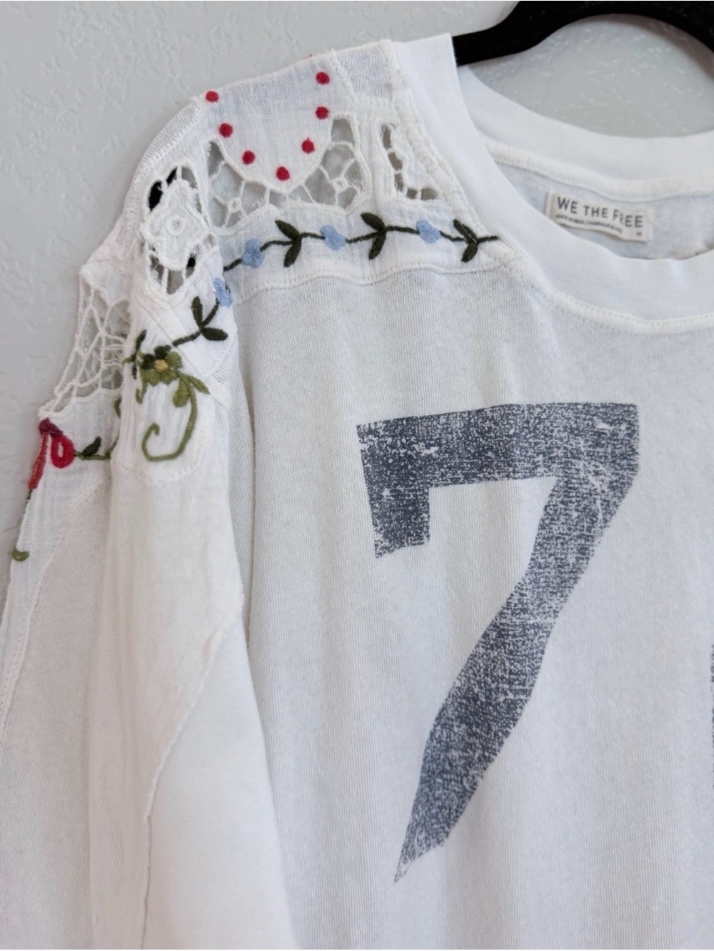 Free People Embroidered Cream Floral Sleeve Pullover Top with '72' Graphic - Picture 7 of 7